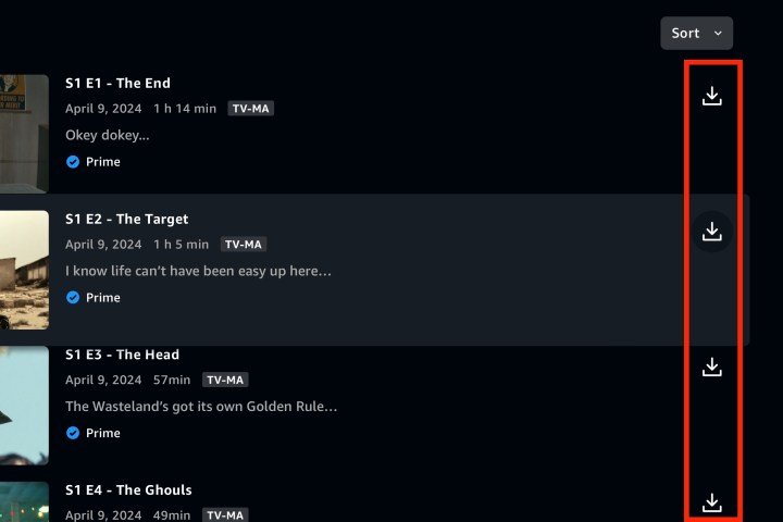 Un rectángulo rojo alrededor de cuatro iconos de descarga para cuatro episodios de Fallout en Amazon Prime Video.