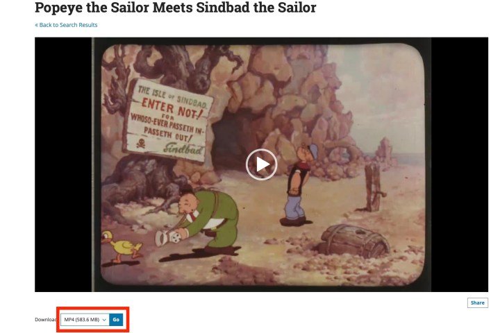 Un cuadrado rojo alrededor de la opción de descarga de una película en el sitio web de la Biblioteca del Congreso.