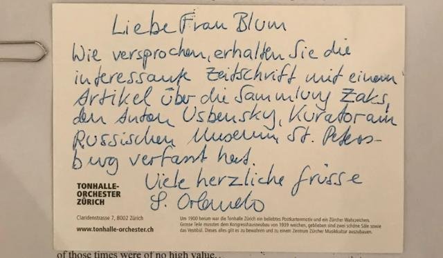 Una postal de la galerista Susanne Orlando para Leonor Blum en la que se lee: “Estimada señora Blum, le prometemos que recibirá una interesante revista con un artículo sobre la Colección Zaks escrito por Anton Uspensky, curador del Museo Ruso de San Petersburgo. Saludos cordiales, S. Orlando.”