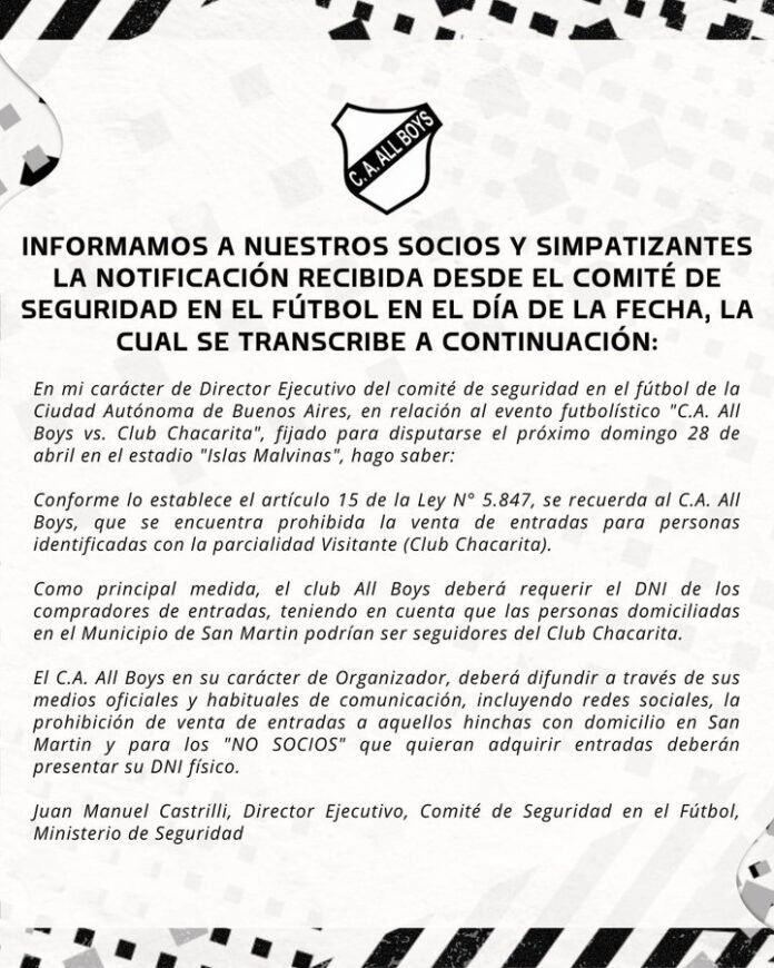 La insólita medida en la previa del partido entre All Boys y Chacarita
