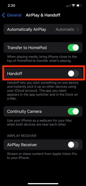 La opción Handoff está desactivada en la aplicación Configuración de iOS.