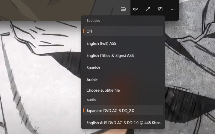 Subtítulos en el reproductor multimedia en Windows 11.