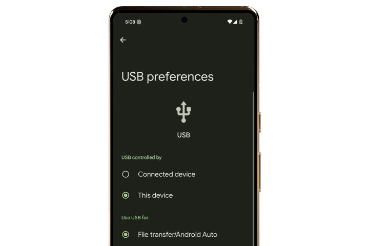 Configuración del comportamiento de USB en Android 16.