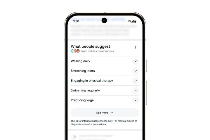 Resúmenes de Google AI para búsquedas relacionadas con la salud en dispositivos móviles.