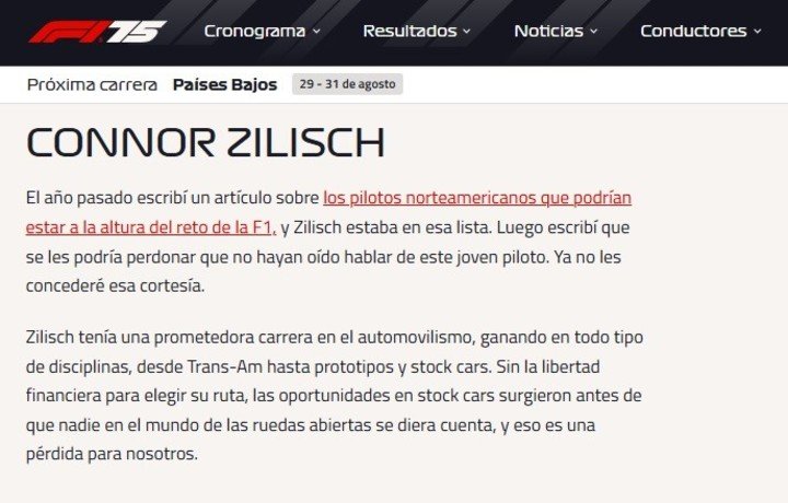 Esto se escribió en el sitio oficial de la Fórmula 1 acerca de Connor Zilisch, piloto de NASCAR.