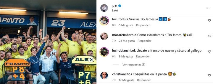 El posteo de James Vowles recordando lo hecho por Colapinto y Albon en Bakú el año pasado.