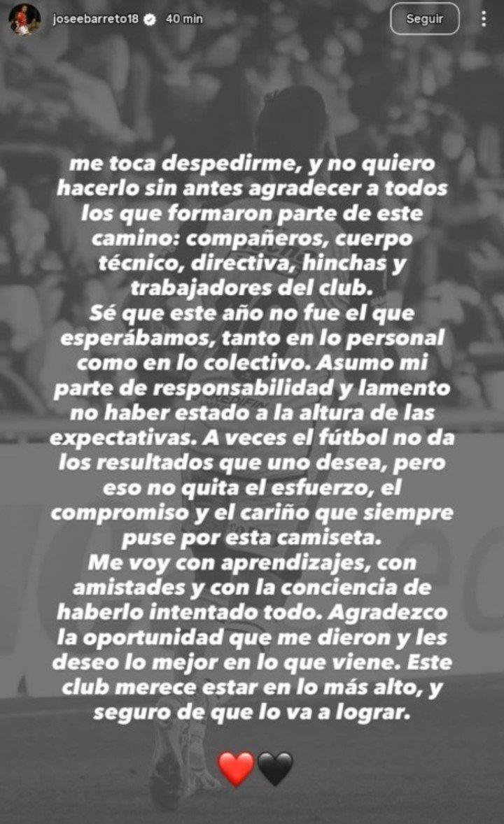 La publicación de despedida de Barreto.