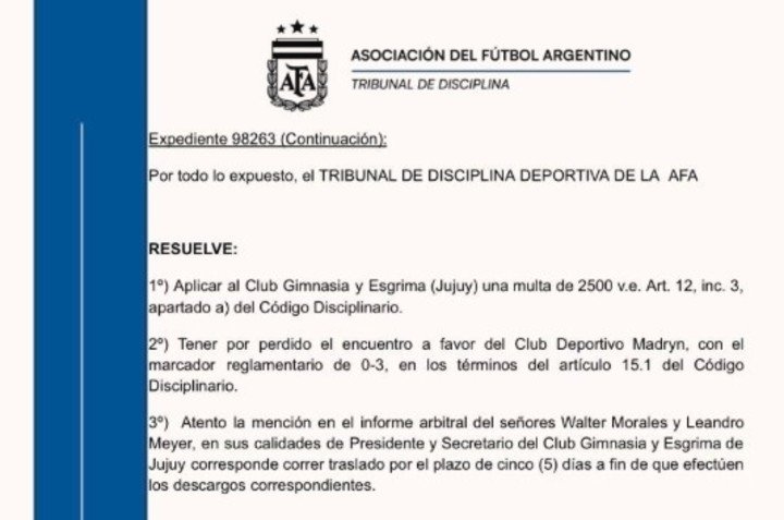 El fallo oficial de AFA que le dio por ganado el partido a Madryn.