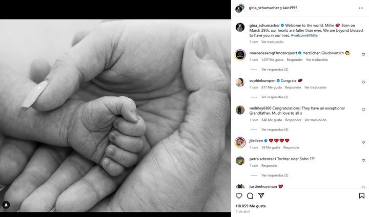 Así le daba la bienvenida Gina Schumacher a su hija Millie. (Foto: @Gina_Schumacher)