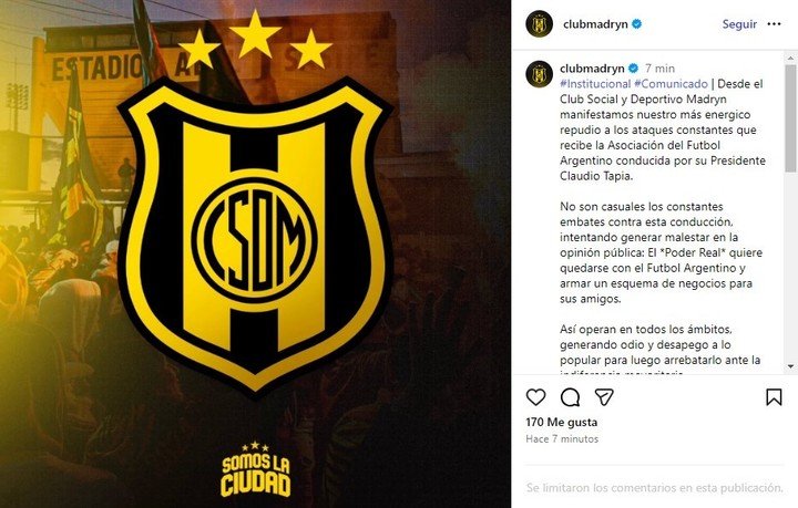 El posteo de Deportivo Madryn.