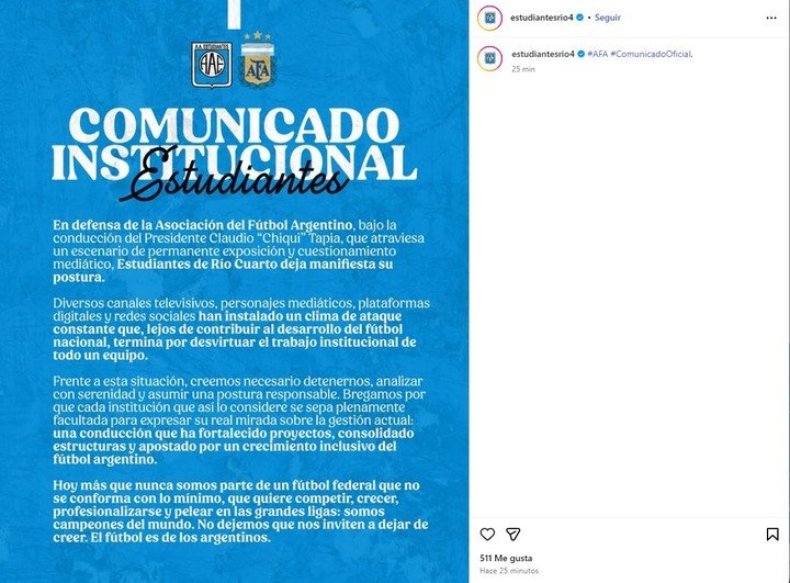 El comunicado de Estudiantes de Río Cuarto.