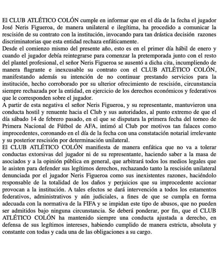 El comunicado de Colón sobre la situación de José Neris.