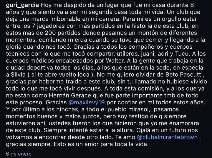 El mensaje de despedida de Gurí García a Almirante Brown.