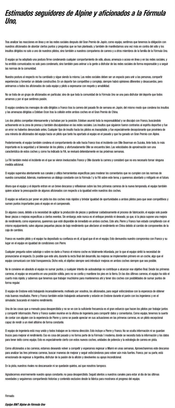 El extenso comunicado del equipo francés.