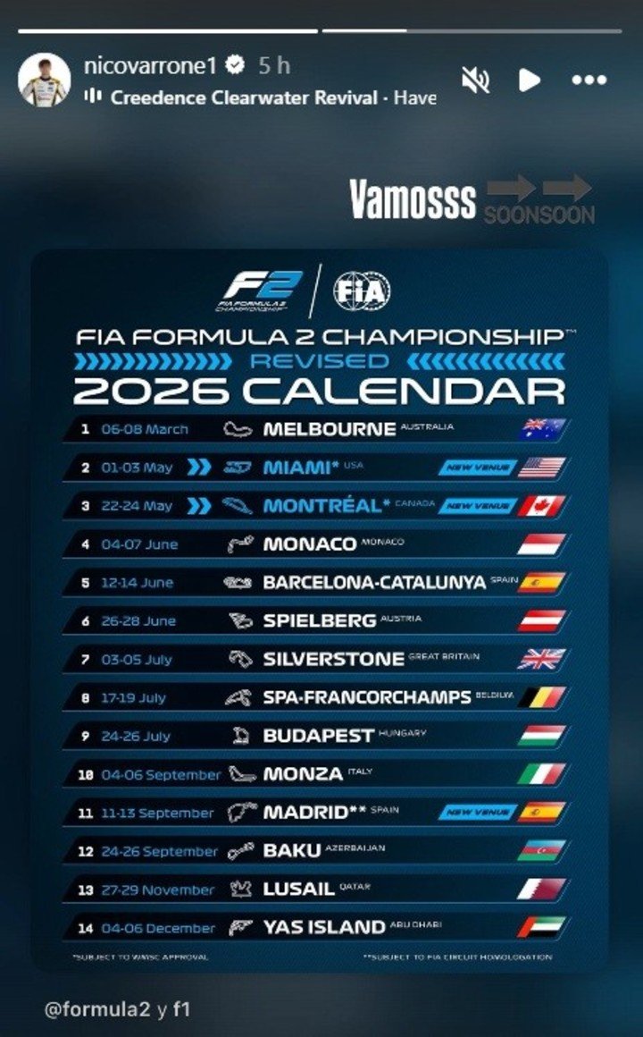 El posteo que hizo en sus historias Nicolás Varrone tras confirmarse que va a competir con la F2 en Miami y Montreal.
(@nicovarrone1 en IG).
