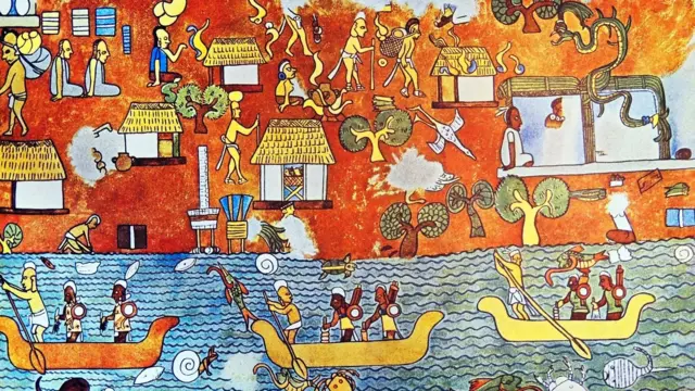 Mural que muestra actividades en tierra y agua, con barcos, animales, casas, personas