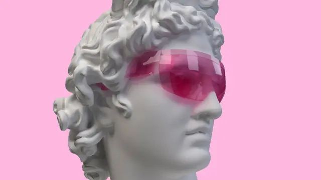 Escultura del dios Apolo Belvedere, que lleva unas gafas HoloLens transparentes de color rosa y utiliza realidad virtual con realidad aumentada sobre un fondo rosa.
