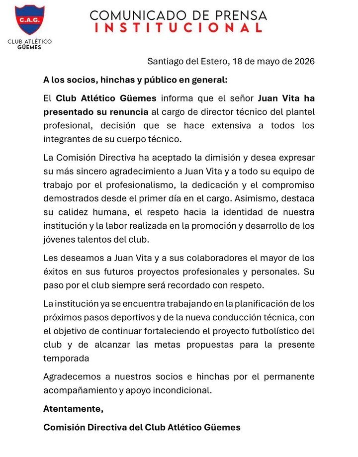 El comunicado oficial de Güemes que confirmó la salida de Vita.