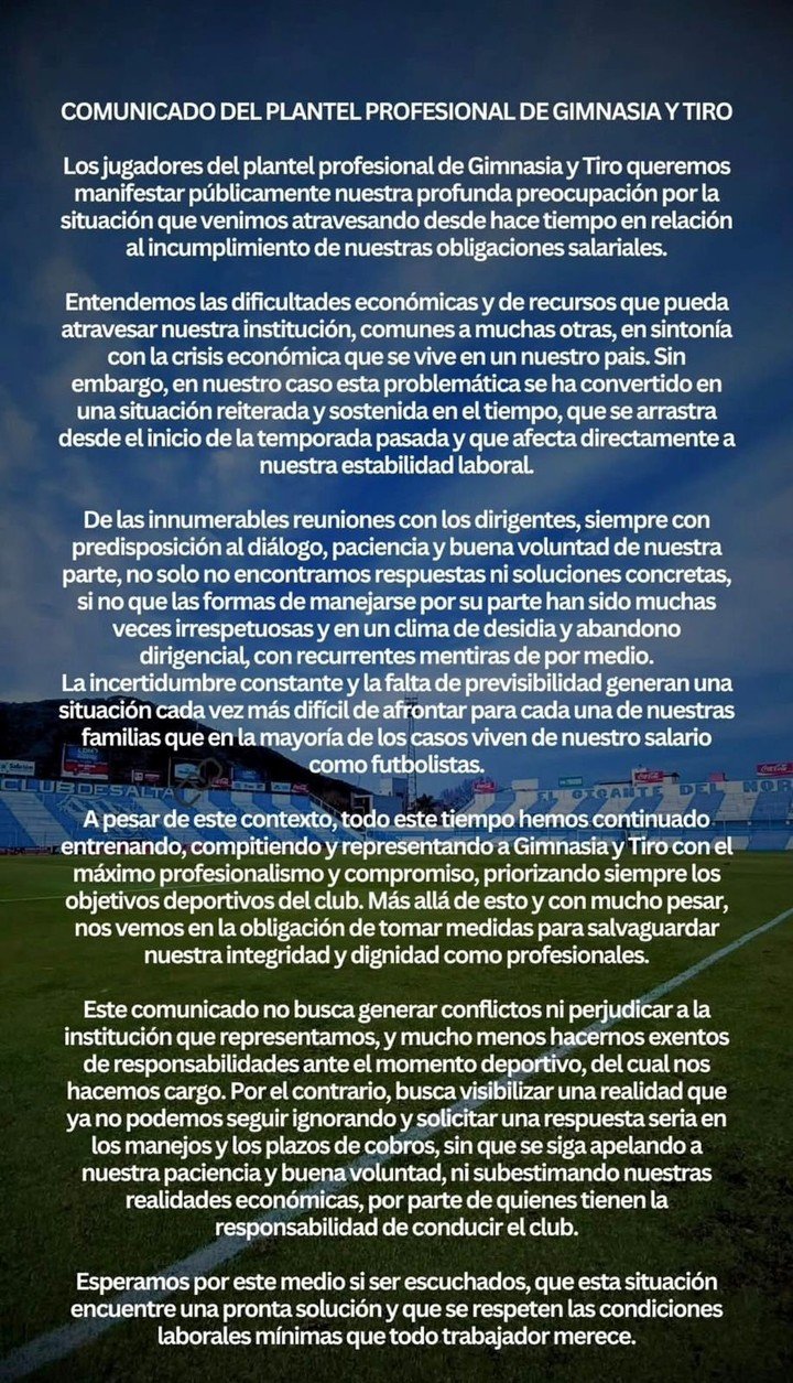 El comunicado de los jugadores del Albo.