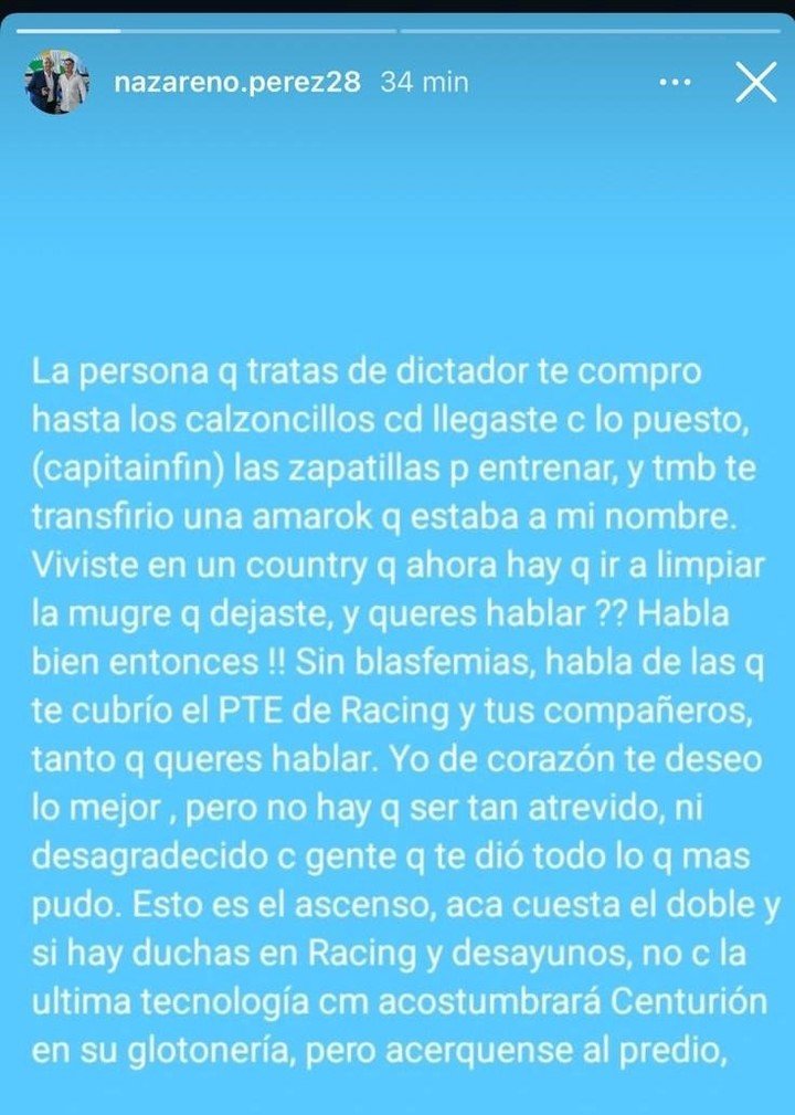 Así respondió el hijo del presidente. (Foto: Instagram Nazareno Pérez).