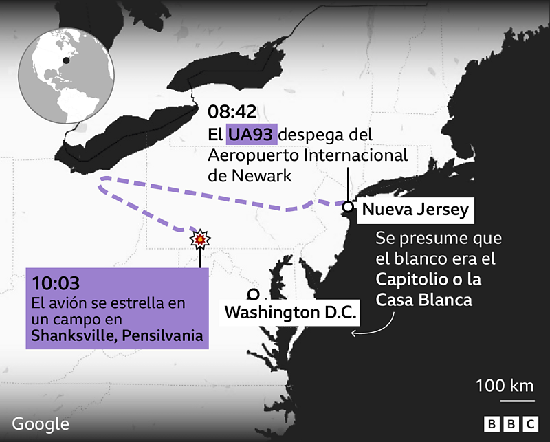 Recorrido del UA93 desde New Jersey hasta que se estrello en Shanksville