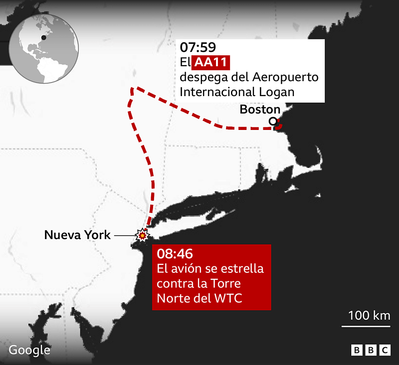 Infografía del recorrido del vuelo AA11 desde Boston hasta el momento que se estrella en Nueva York