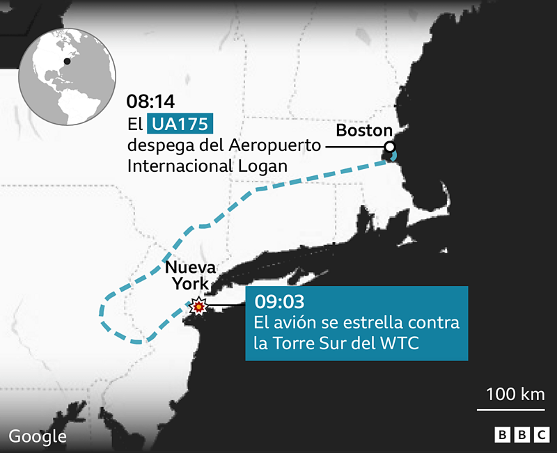 Infografía del recorrido del vuelo UA175 desde Boston hasta el momento que se estrella en Nueva York